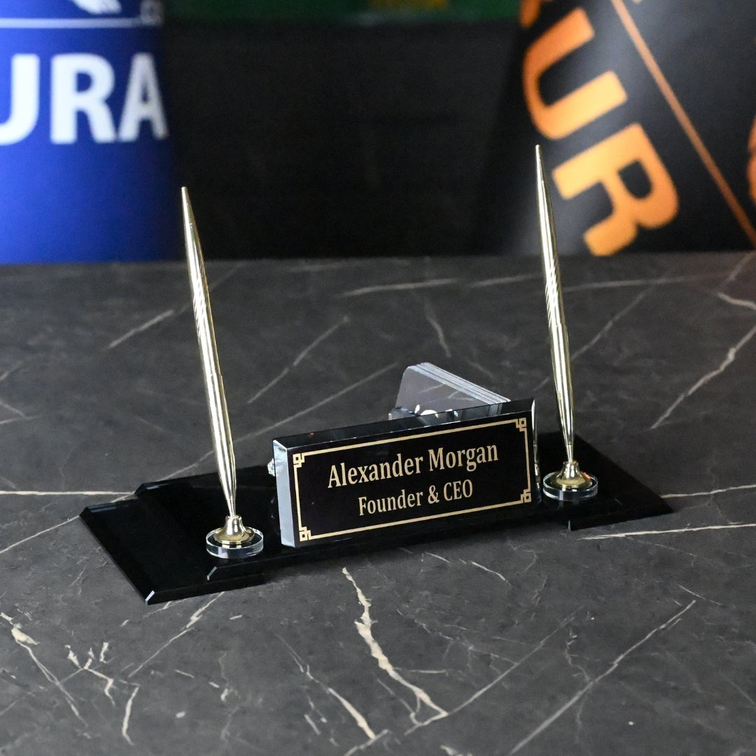 VIP Black Crystal Desk Nameplate Set with Dual Pen Holder – Personalized