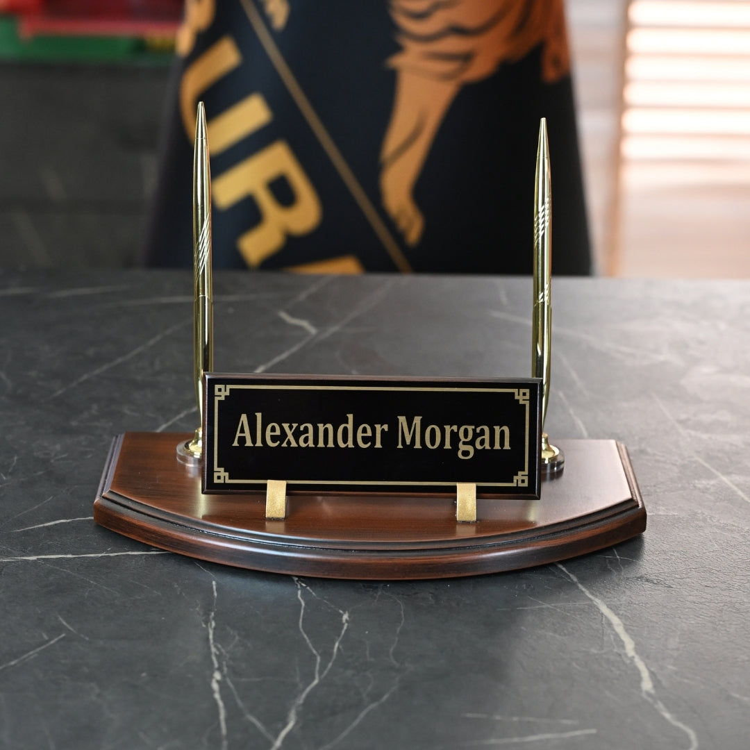 Wooden Desktop Nameplate Set – Gold Detail