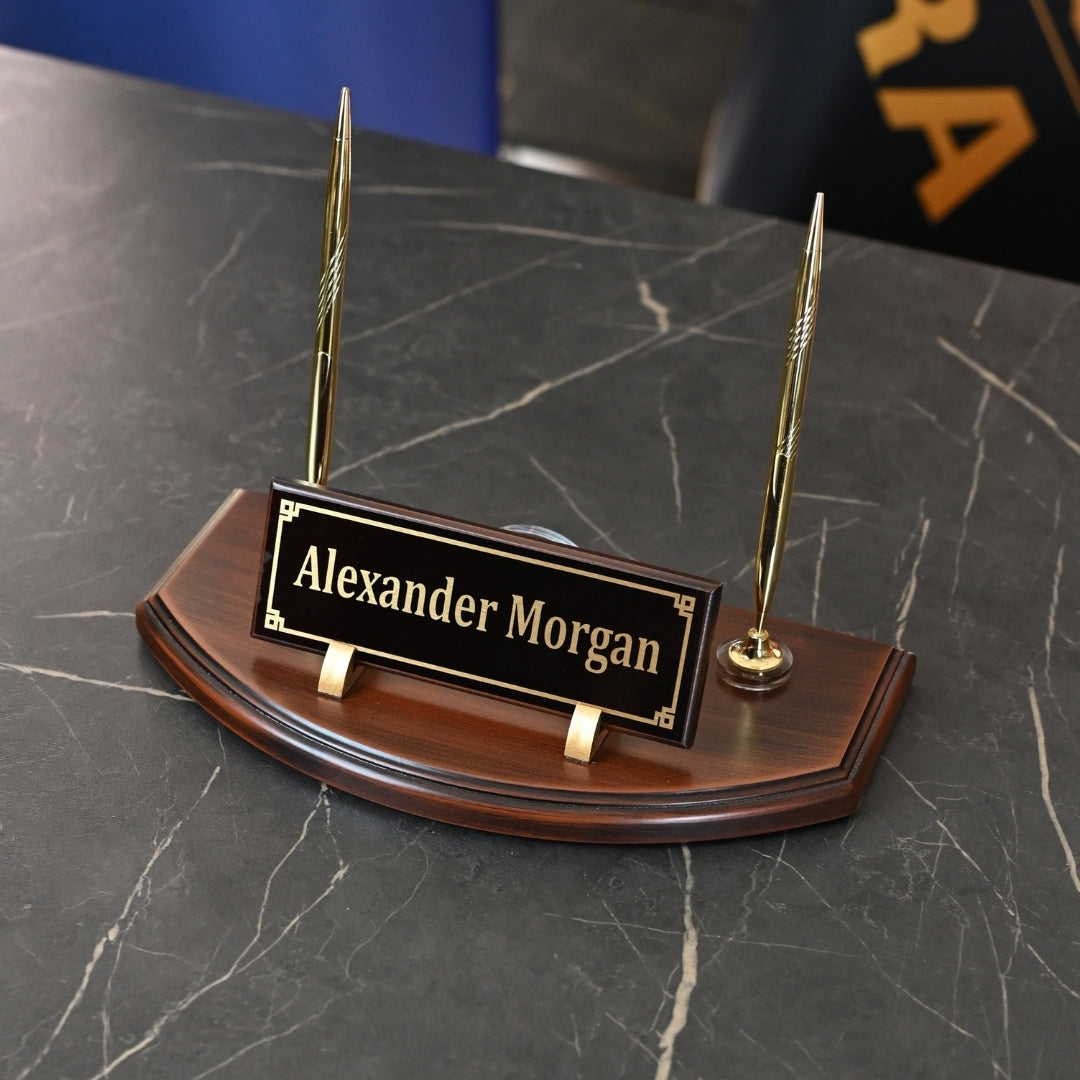 Wooden Desktop Nameplate Set – Gold Detail