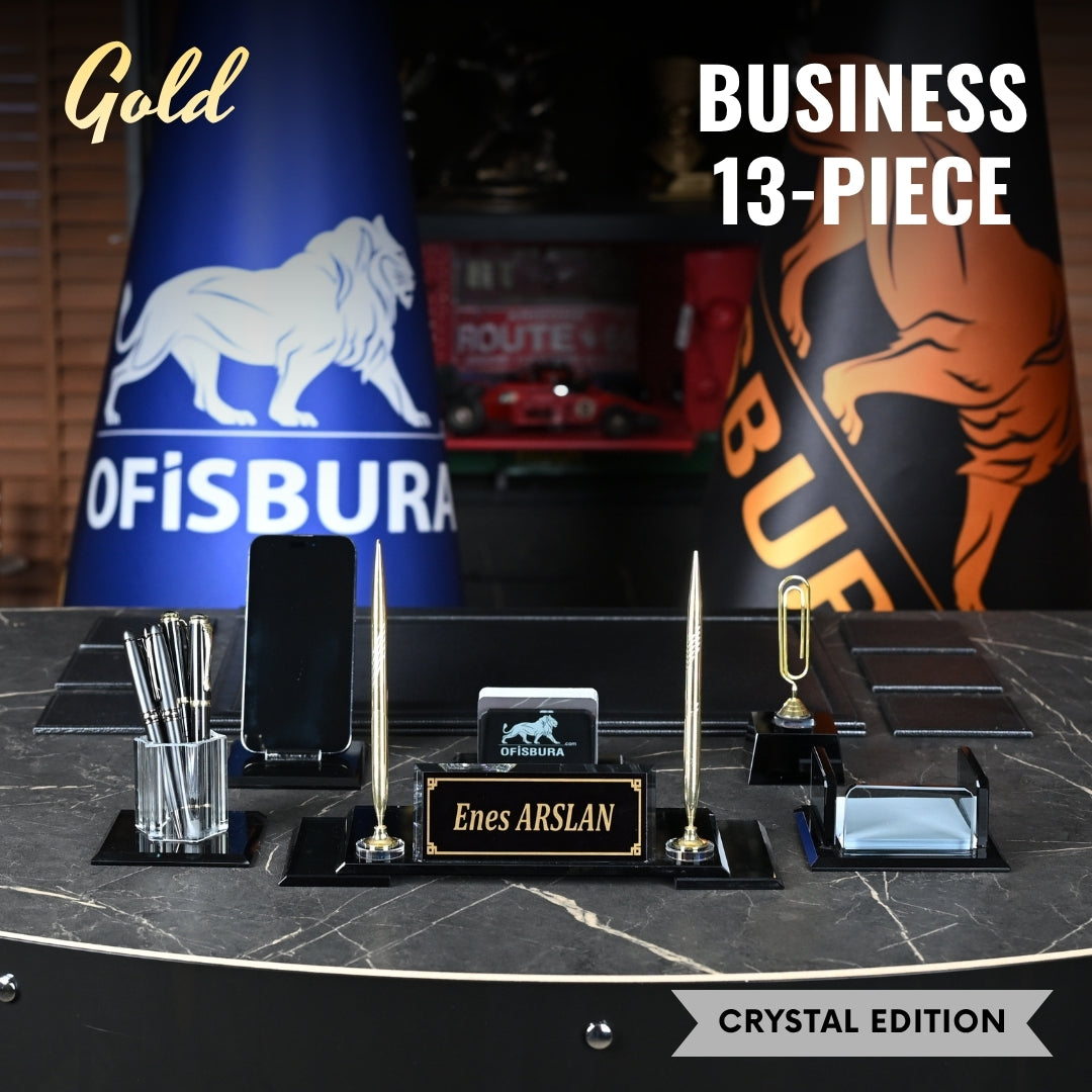VIP 13-Piece Crystal Executive Desk Set with Personalized Nameplate – Black & Gold