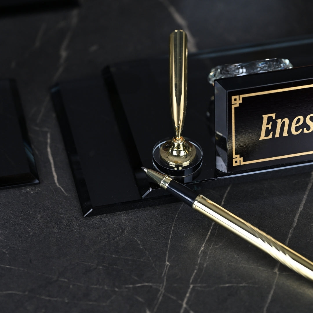 VIP 13-Piece Crystal Executive Desk Set with Personalized Nameplate – Black & Gold