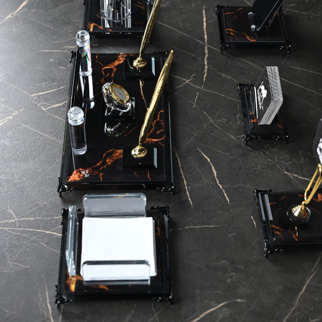 Nero 15-Piece Crystal Executive Desk Set with Personalized Nameplate – Black & Gold