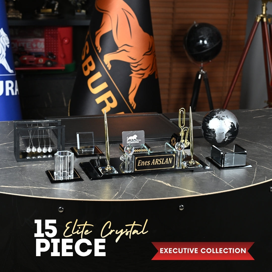 15-Piece Elite Crystal Executive Desk Set with Personalized Nameplate – Black & Gold