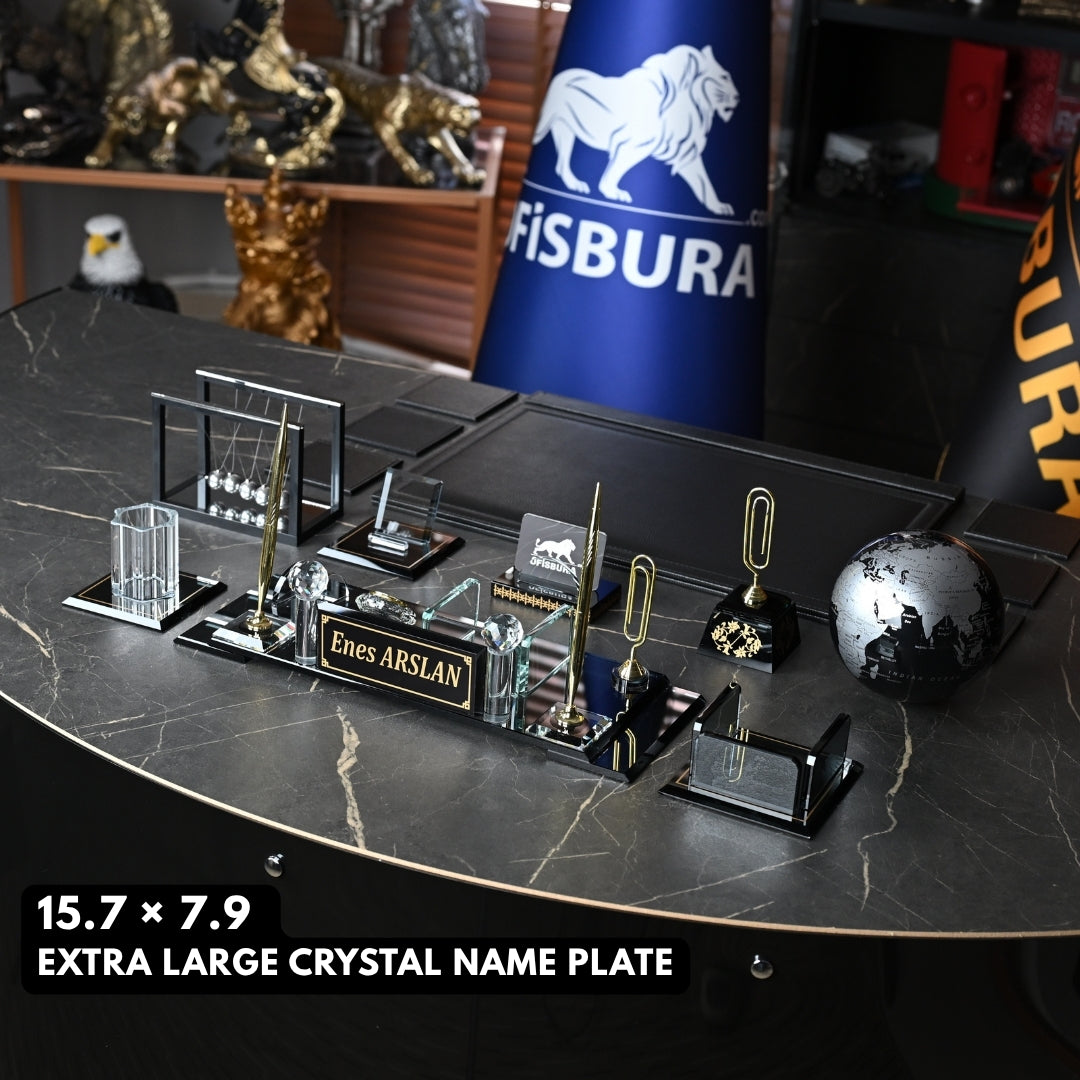 15-Piece Elite Crystal Executive Desk Set with Personalized Nameplate – Black & Gold