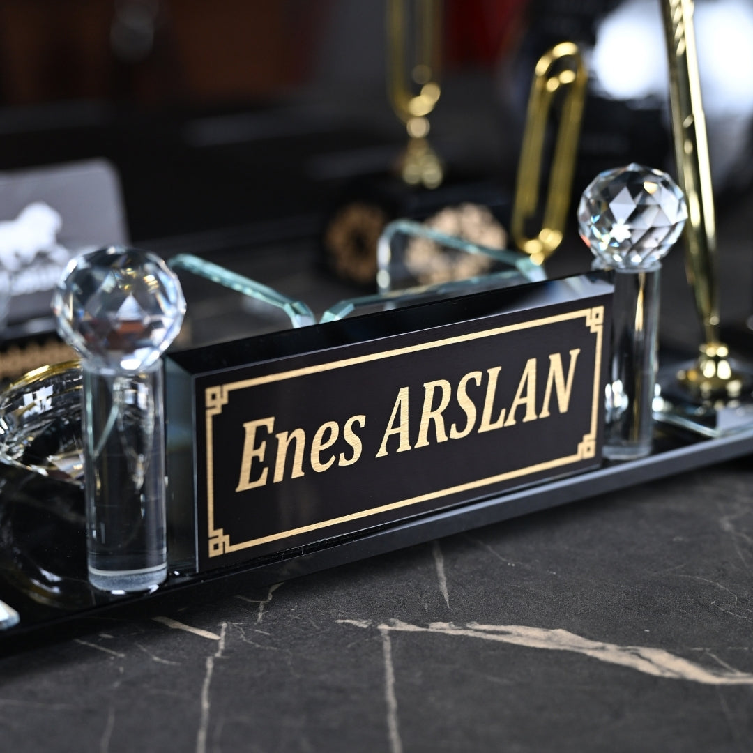 15-Piece Elite Crystal Executive Desk Set with Personalized Nameplate – Black & Gold