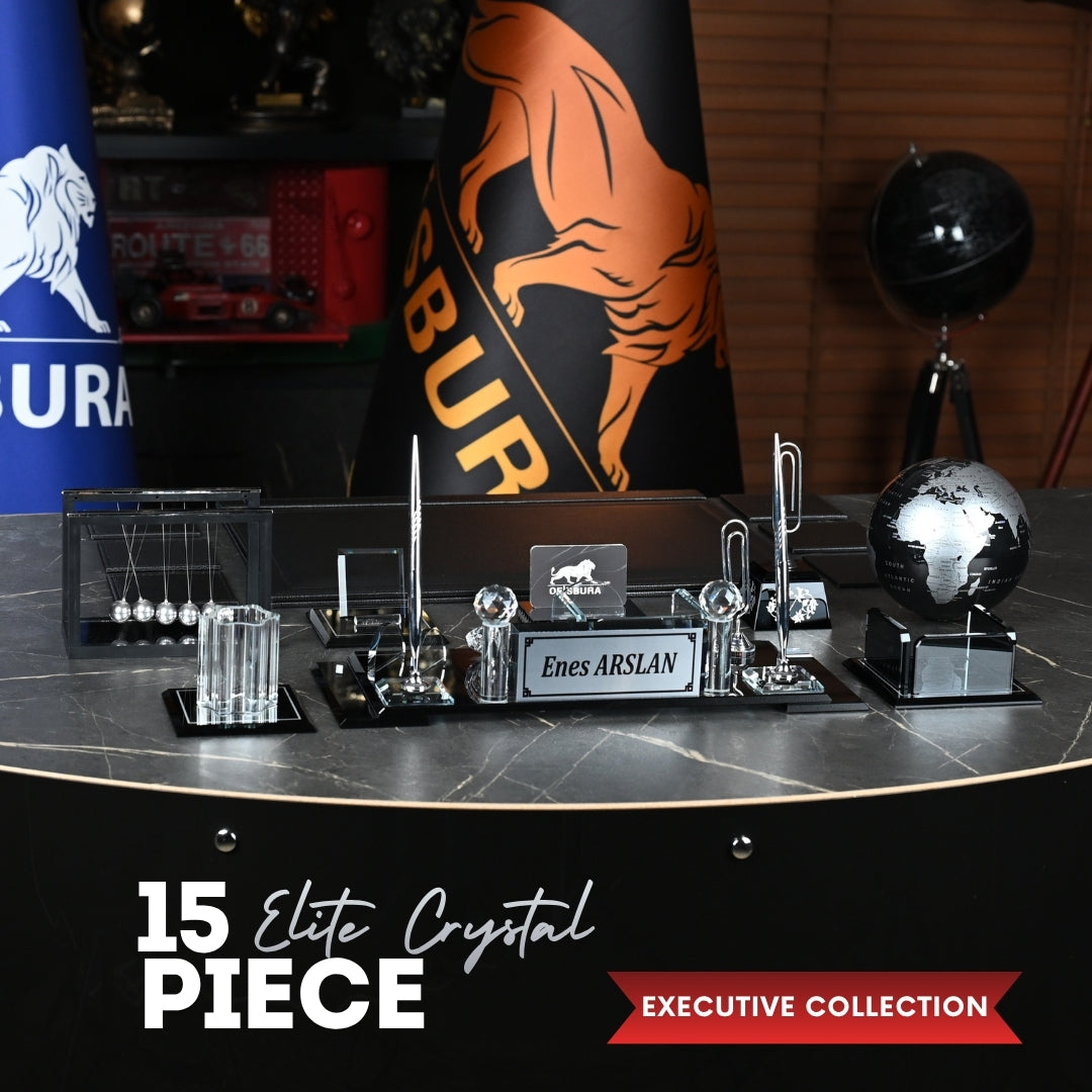 15-Piece Elite Crystal Executive Desk Set with Personalized Nameplate – Black & Silver