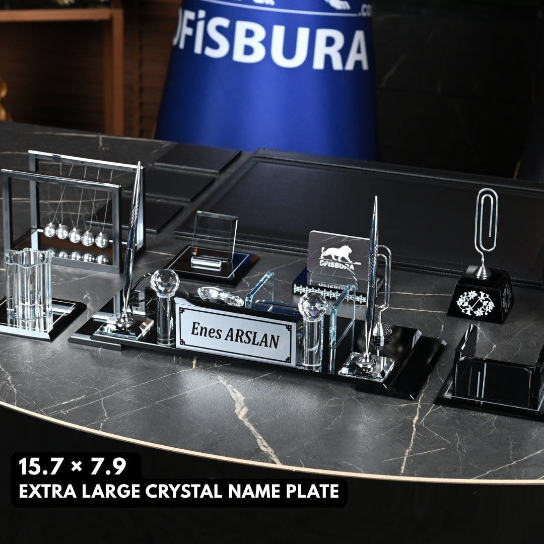 15-Piece Elite Crystal Executive Desk Set with Personalized Nameplate – Black & Silver