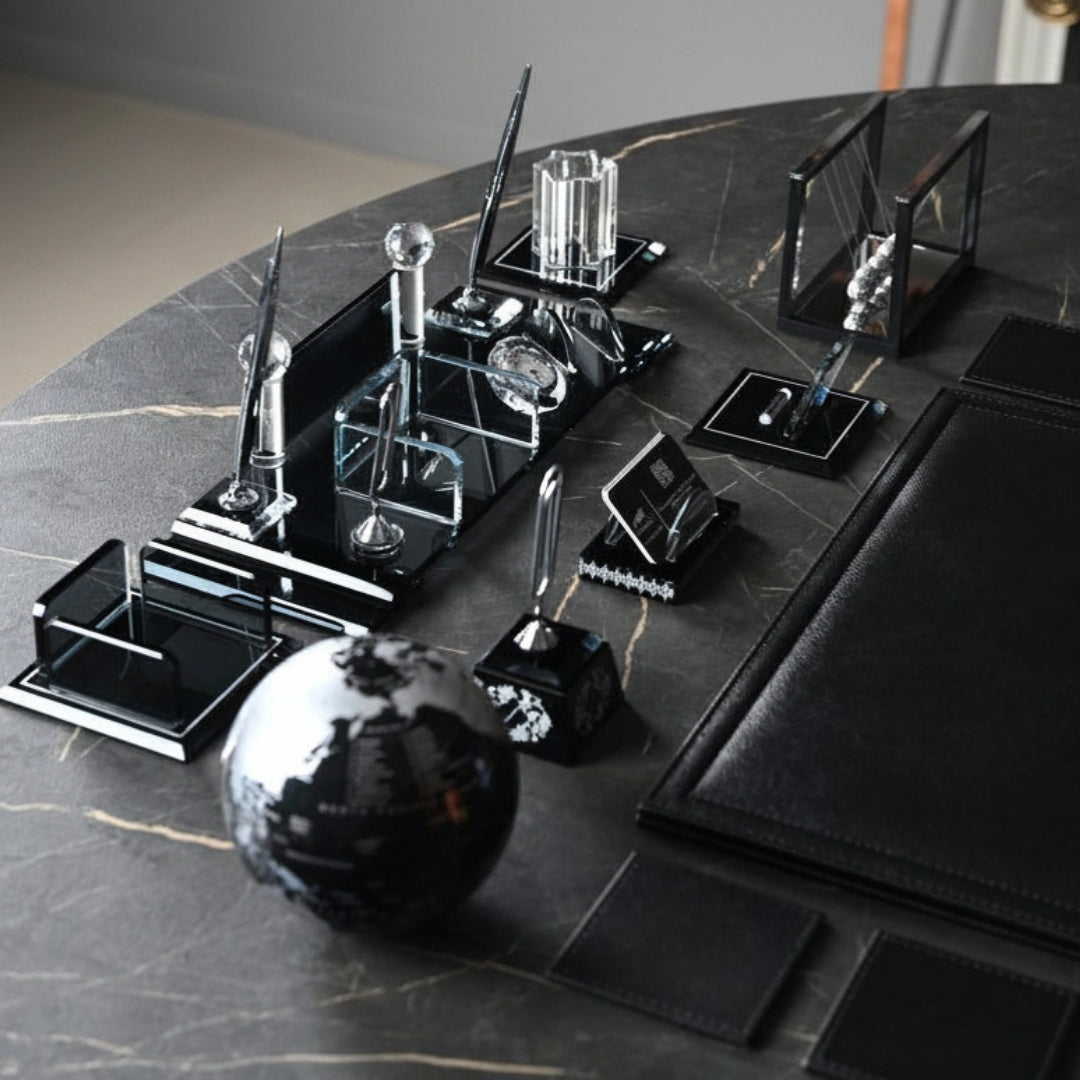 15-Piece Elite Crystal Executive Desk Set with Personalized Nameplate – Black & Silver