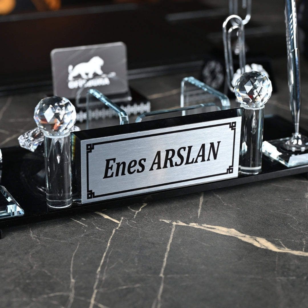 15-Piece Elite Crystal Executive Desk Set with Personalized Nameplate – Black & Silver
