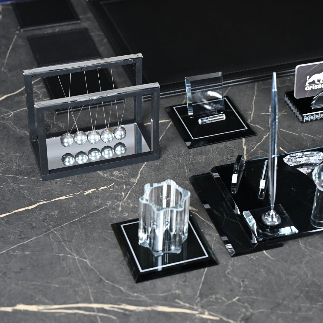 15-Piece Elite Crystal Executive Desk Set with Personalized Nameplate – Black & Silver