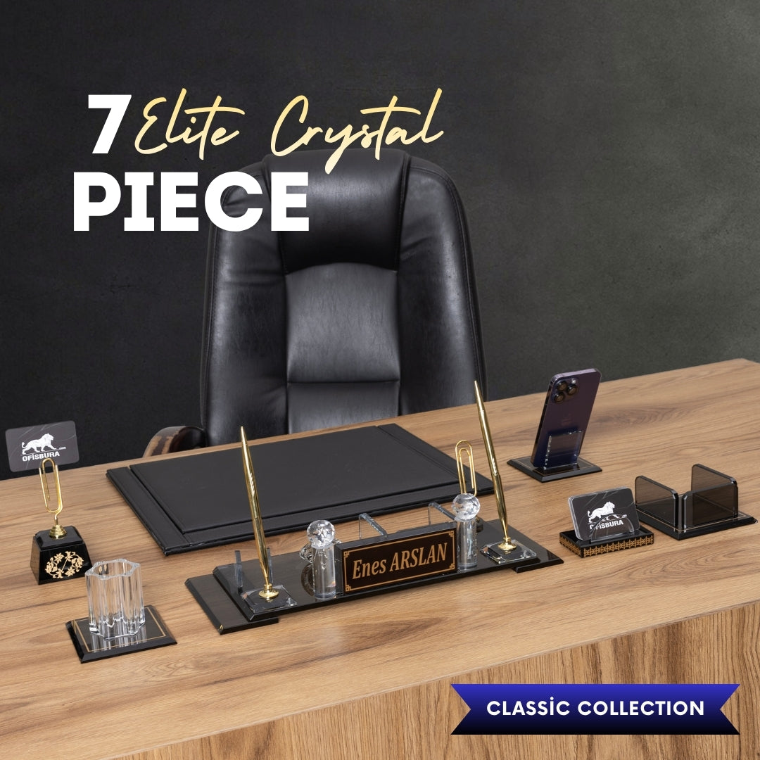 Elite Crystal | 7-Piece Crystal Desk Set & Personalized Nameplate – Gold Accents