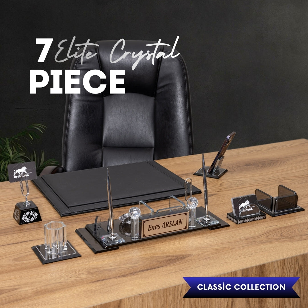 Elite Crystal | 7-Piece Crystal Desk Set & Personalized Nameplate – Silver Accents