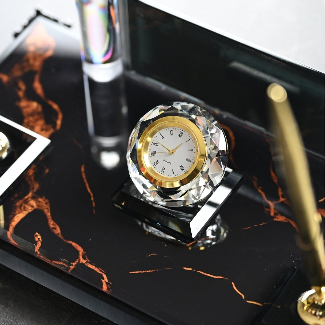 Nero 15-Piece Crystal Executive Desk Set with Personalized Nameplate – Black & Gold