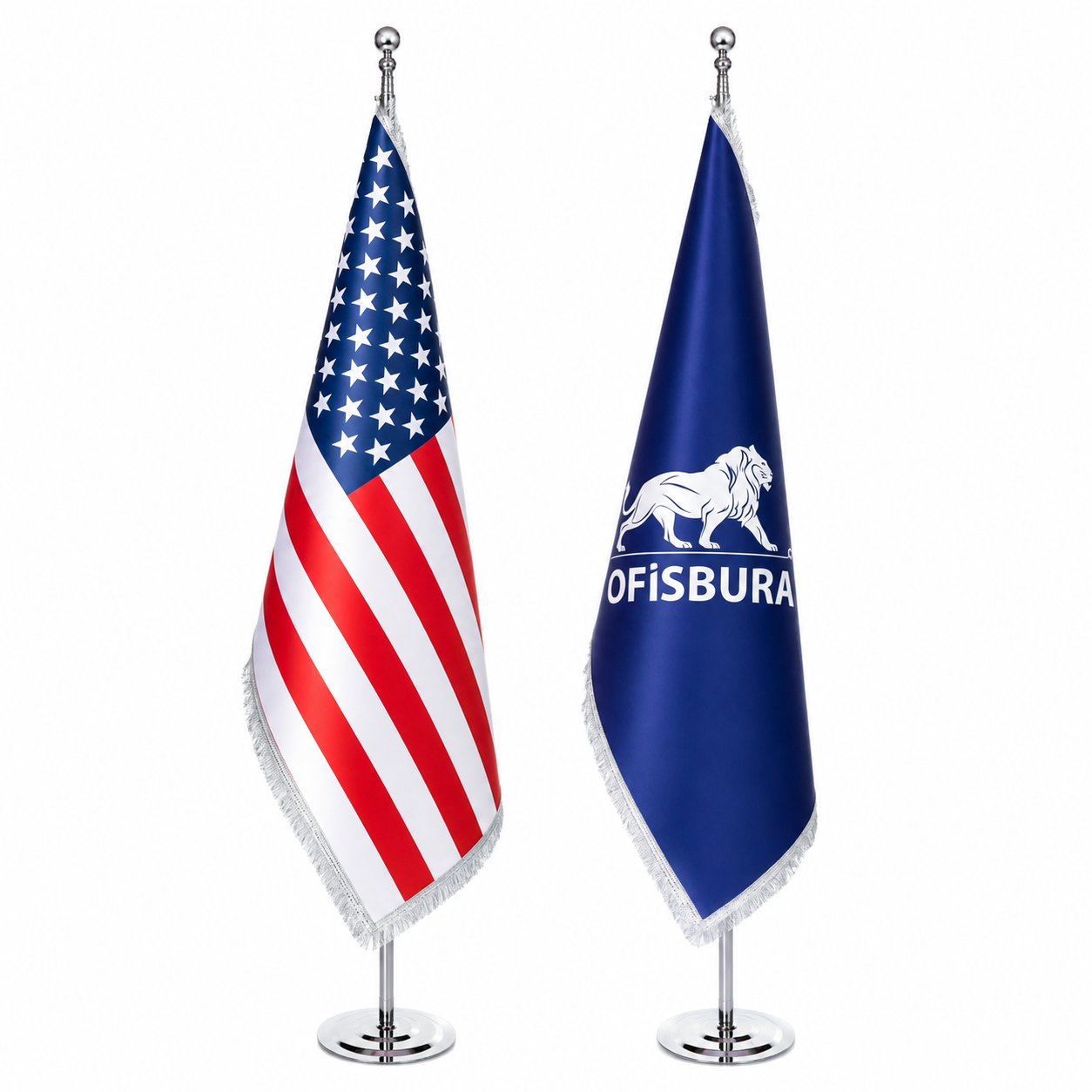 Office Flag Set | American Flag & Custom Logo Flag – Chrome Pole