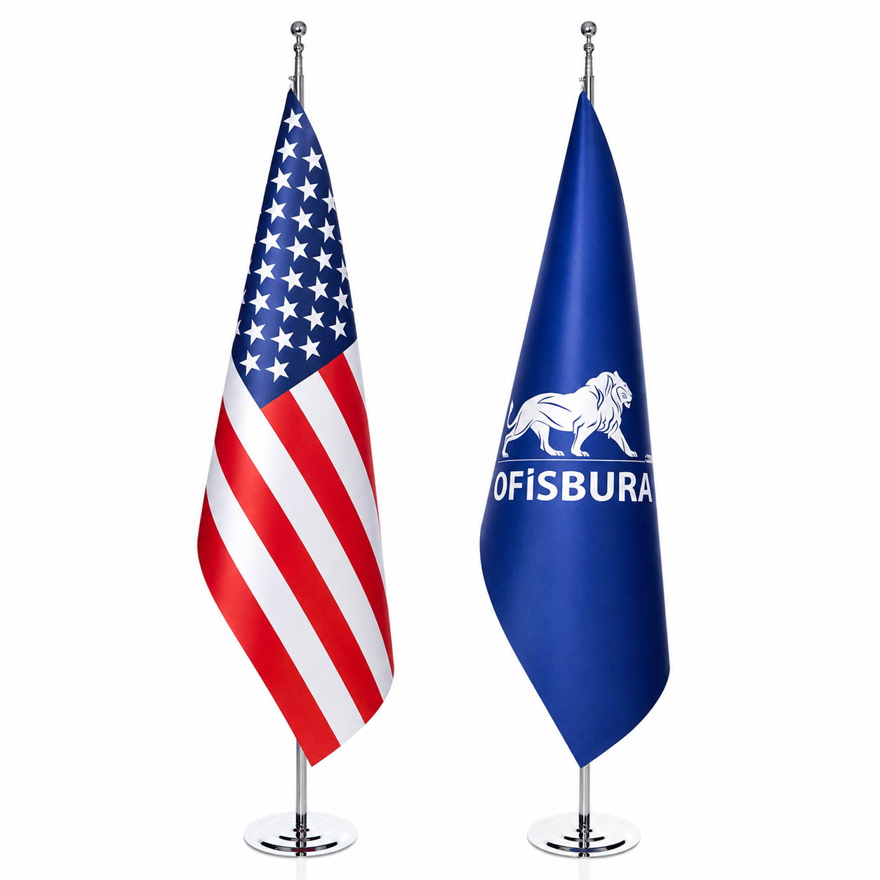 Office Flag Set | American Flag & Custom Logo Flag – Chrome Pole