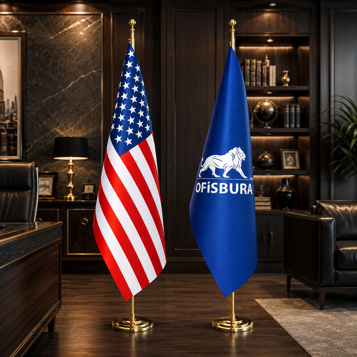 Office Flag Set | American Flag & Custom Logo Flag – Gold Pole