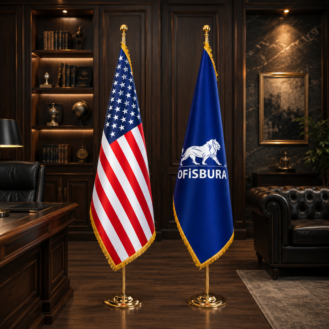 Office Flag Set | American Flag & Custom Logo Flag – Gold Pole