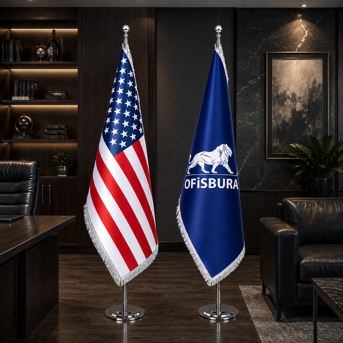 Office Flag Set | American Flag & Custom Logo Flag – Chrome Pole