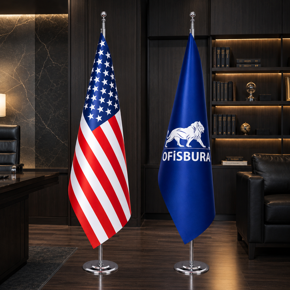Office Flag Set | American Flag & Custom Logo Flag – Chrome Pole