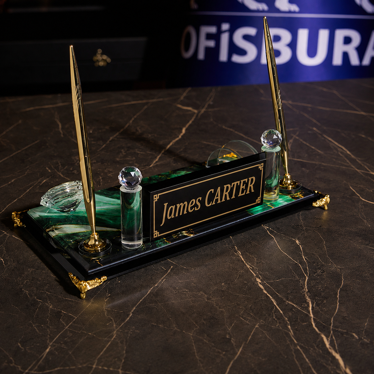 Emerald Green Crystal Desk Nameplate Set with Clock & Dual Pen Holder – Personalized
