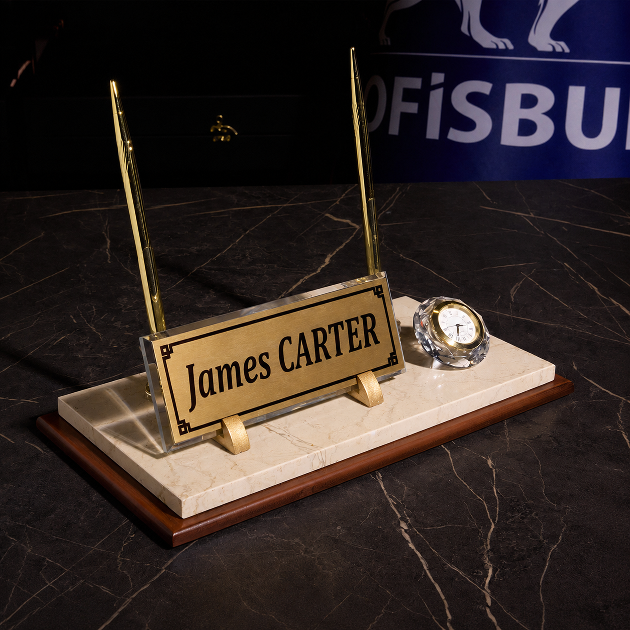 Signature Wood & Marble Desktop Nameplate Set with Clock & Dual Pen Holder – Personalized, Cream