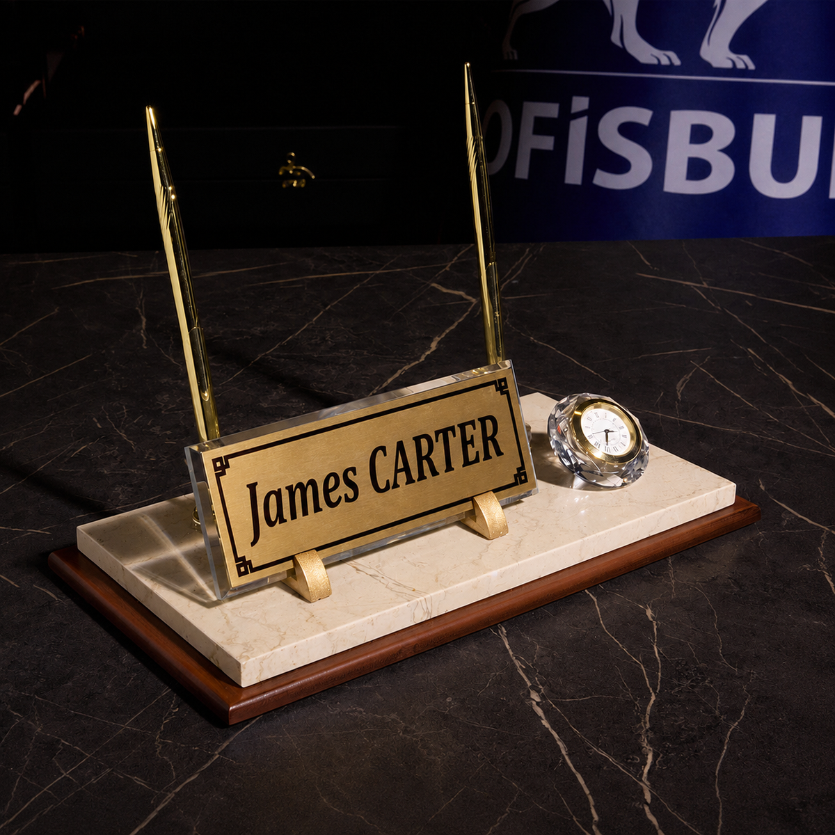 Signature Wood & Marble Desktop Nameplate Set with Clock & Dual Pen Holder – Personalized, Cream