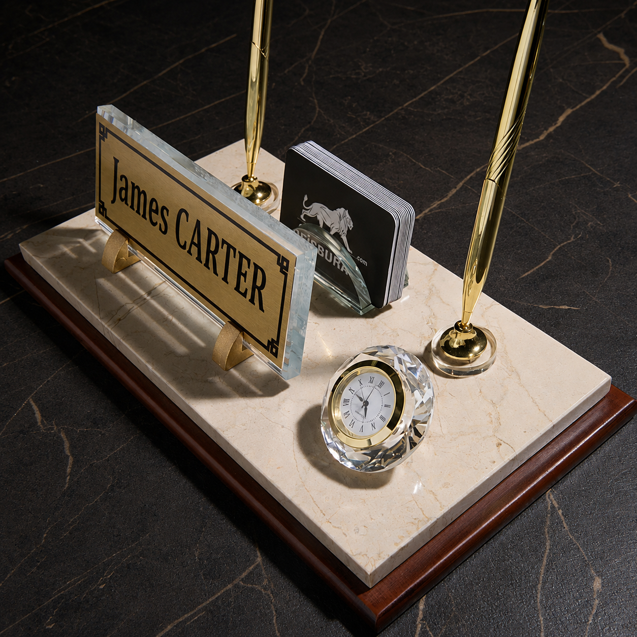 Signature Wood & Marble Desktop Nameplate Set with Clock & Dual Pen Holder – Personalized, Cream
