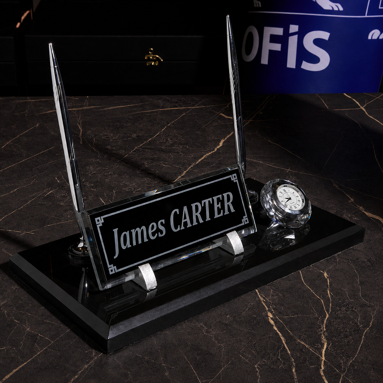 Signature Black Marble Desktop Nameplate Set with Clock & Dual Pen Holder – Personalized