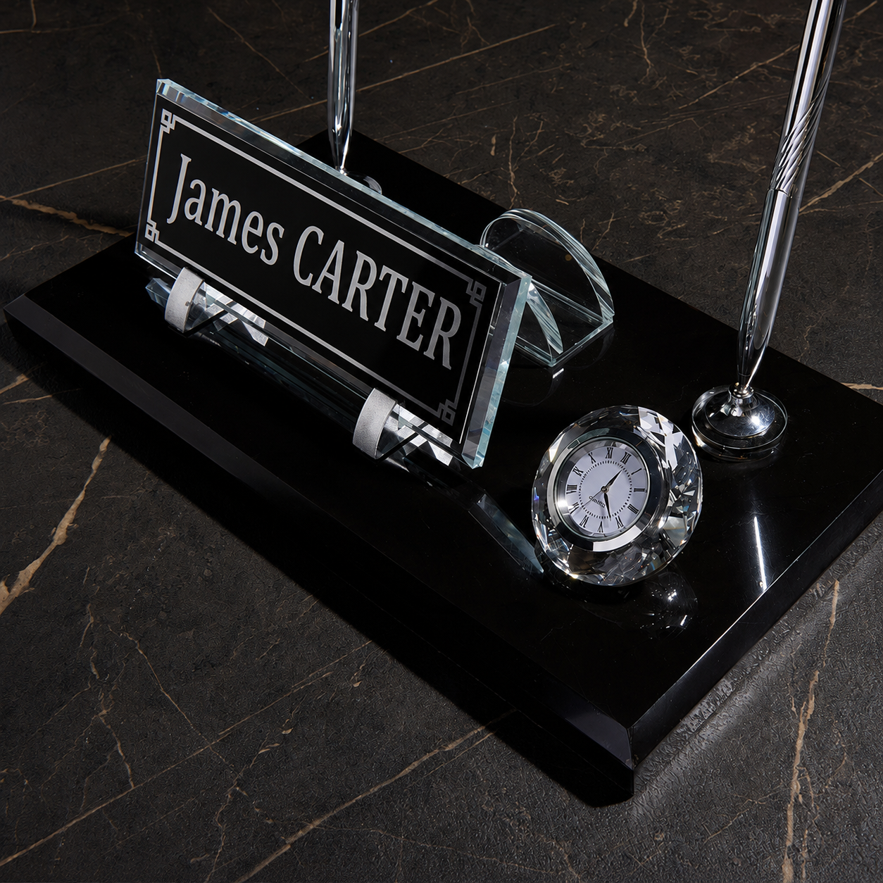 Signature Black Marble Desktop Nameplate Set with Clock & Dual Pen Holder – Personalized