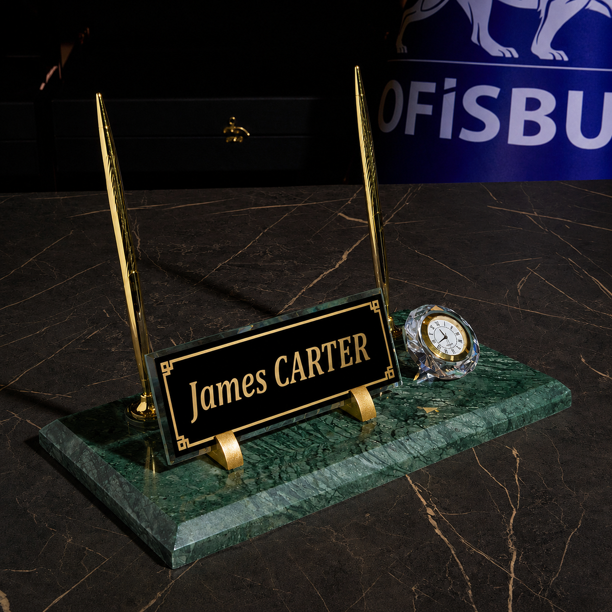 Signature Emerald Marble Desktop Nameplate Set with Clock & Dual Pen Holder – Personalized