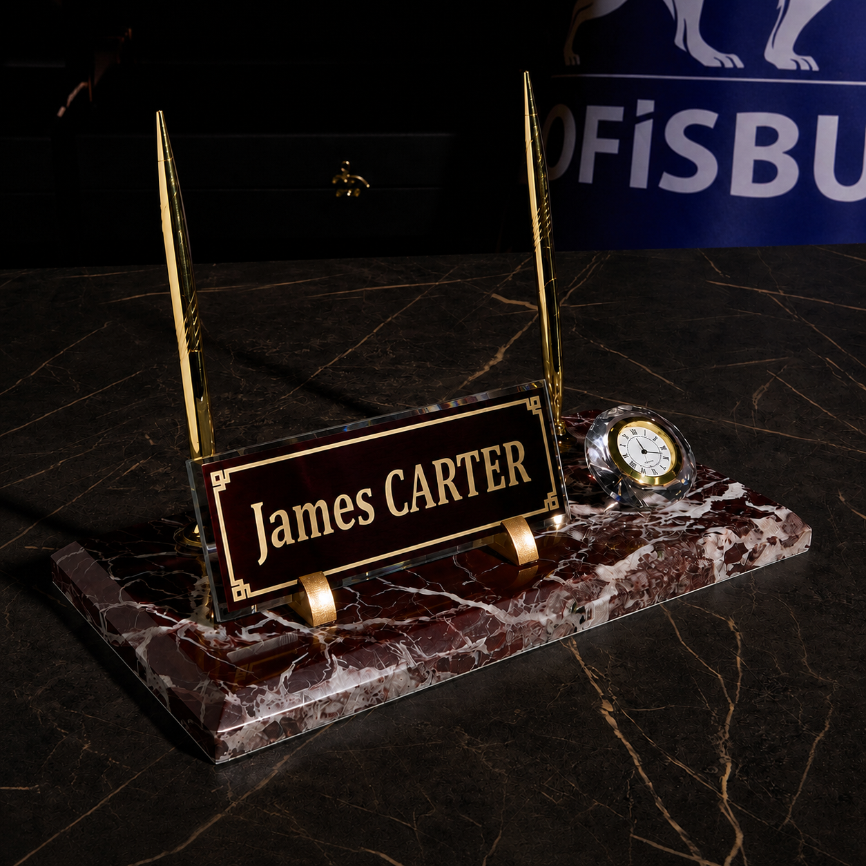 Burgundy Marble Desktop Nameplate Set with Clock & Dual Pen Holder – Personalized