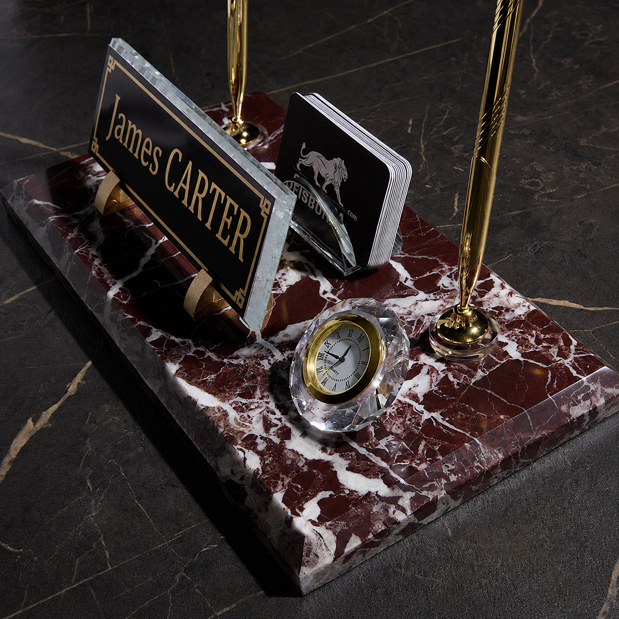 Burgundy Marble Desktop Nameplate Set with Clock & Dual Pen Holder – Personalized
