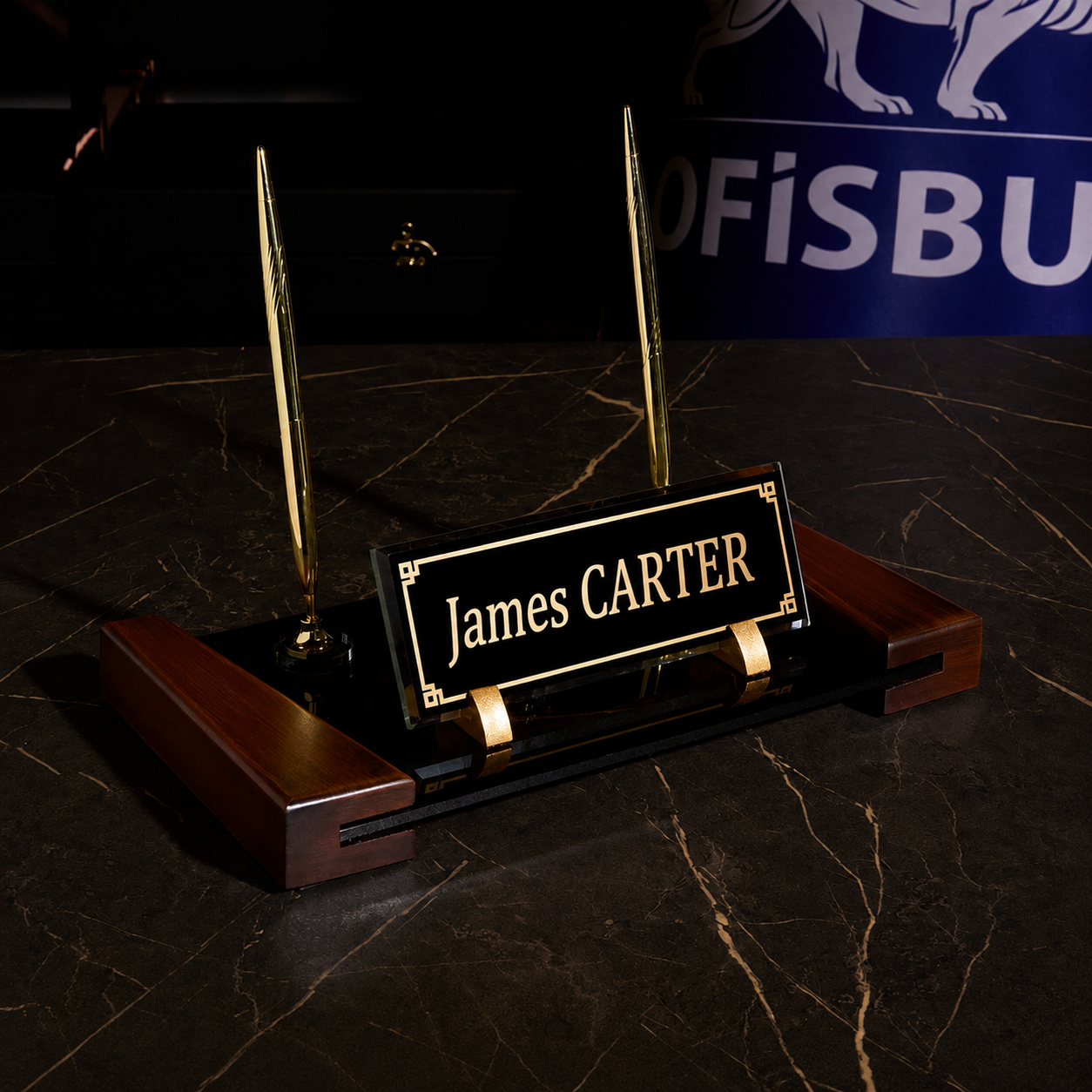 Brown | Crystal Desk Nameplate Set with Wood Base – Gold Detail