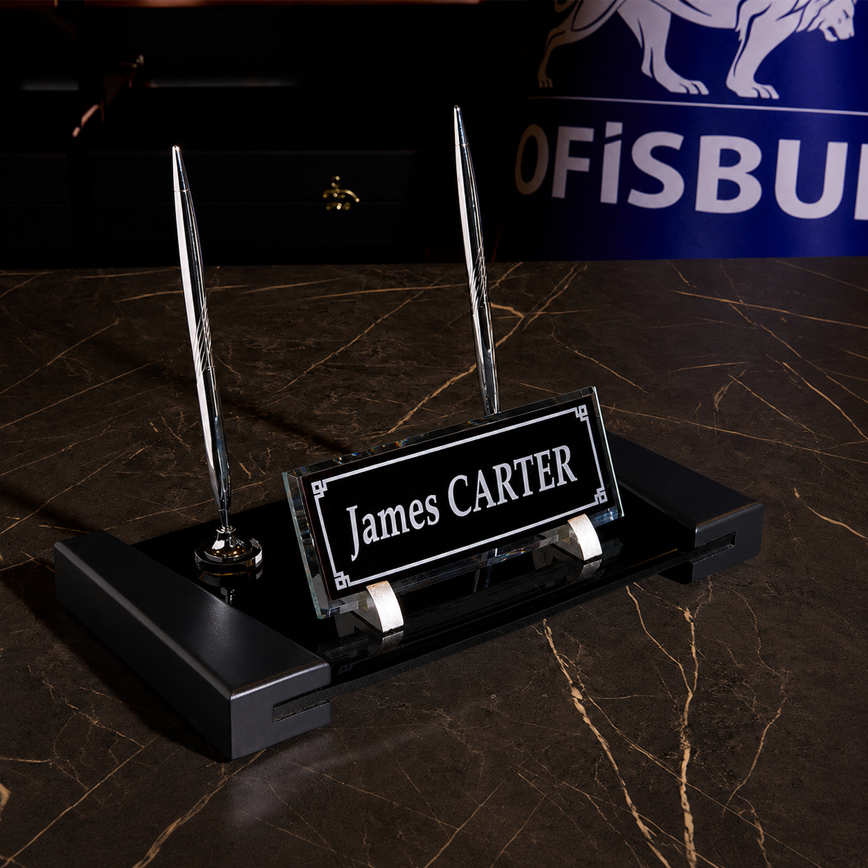 Anthracite | Crystal Desk Nameplate with Wood Base – Office Desktop Nameplate