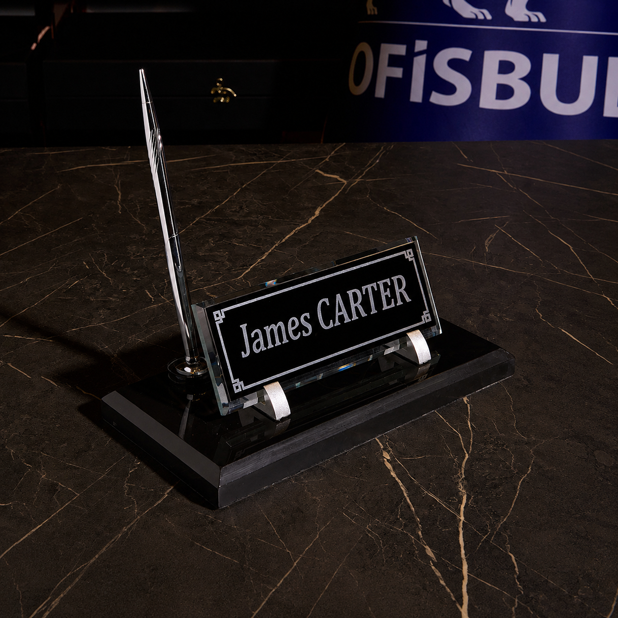Black Marble Desktop Nameplate Set with Silver Pen Holder – Personalized