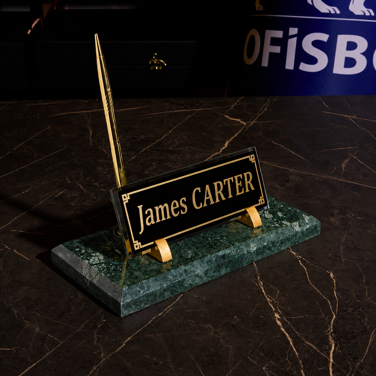 Emerald Green Marble Desk Nameplate with Gold Pen Holder – Personalized