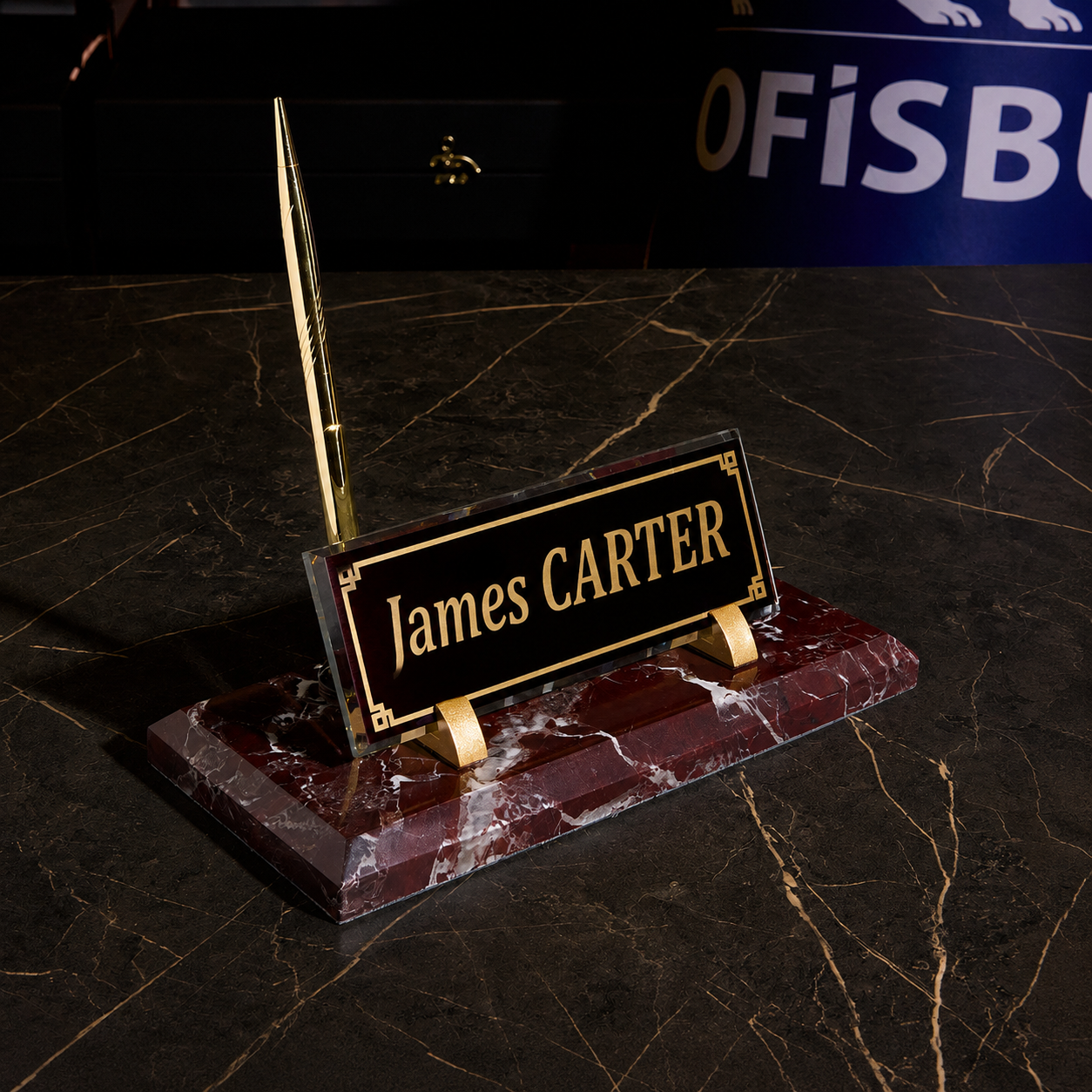 Burgundy Marble Desk Nameplate with Gold Pen – Personalized Office Nameplate