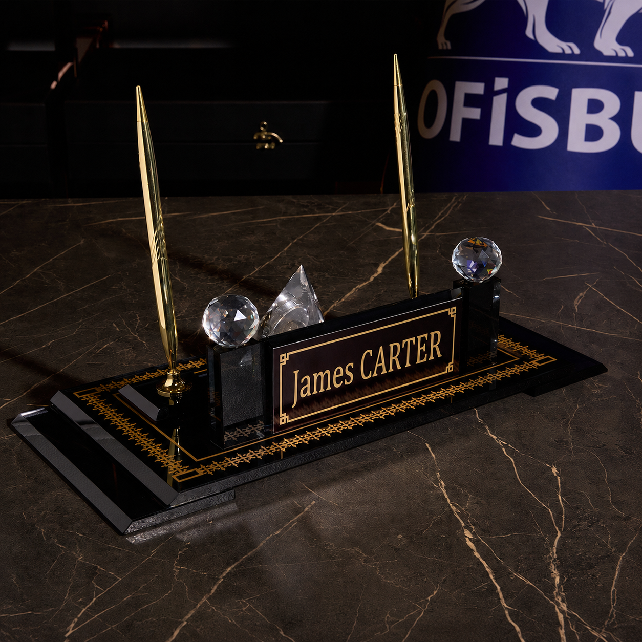 Diamond Personalized Crystal Executive Desk Nameplate Set – Black & Gold