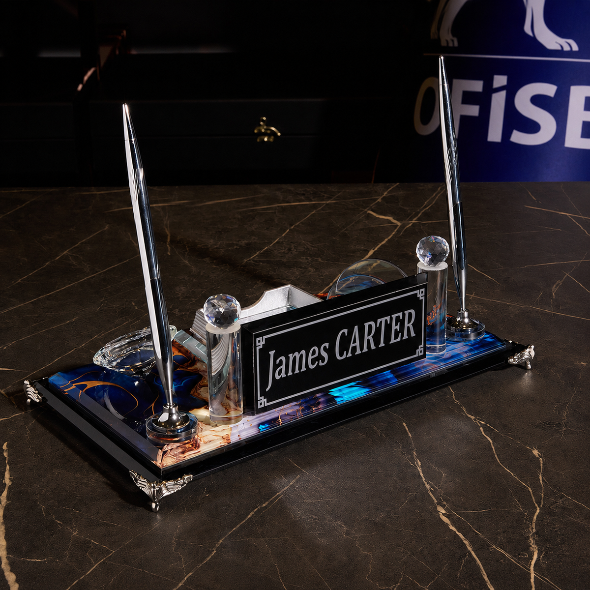 Sapphire Crystal Desktop Nameplate Set with Clock, Notepad Holder & Dual Pen Holder – Personalized