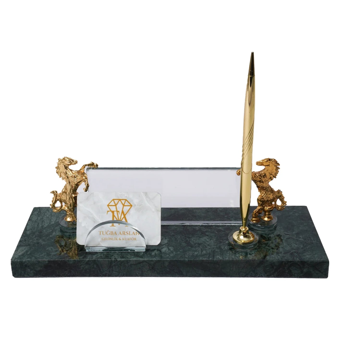 Rearing Horse Emerald Green Marble Desk Nameplate Set with Gold Horse Figures & Pen Holder – Personalized