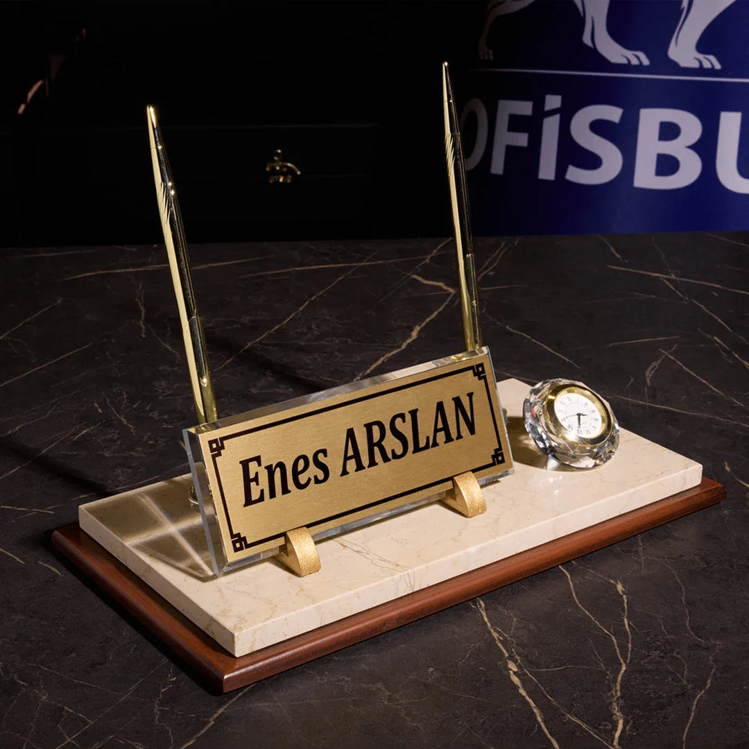 Signature Wood & Marble Desktop Nameplate Set with Clock & Dual Pen Holder – Personalized, Cream
