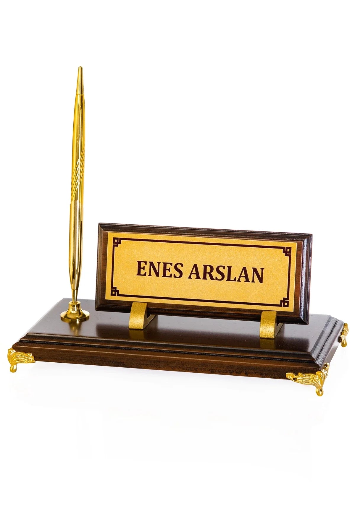 Gold-Base Wooden Desk Nameplate Set with Single Pen Holder – Personalized