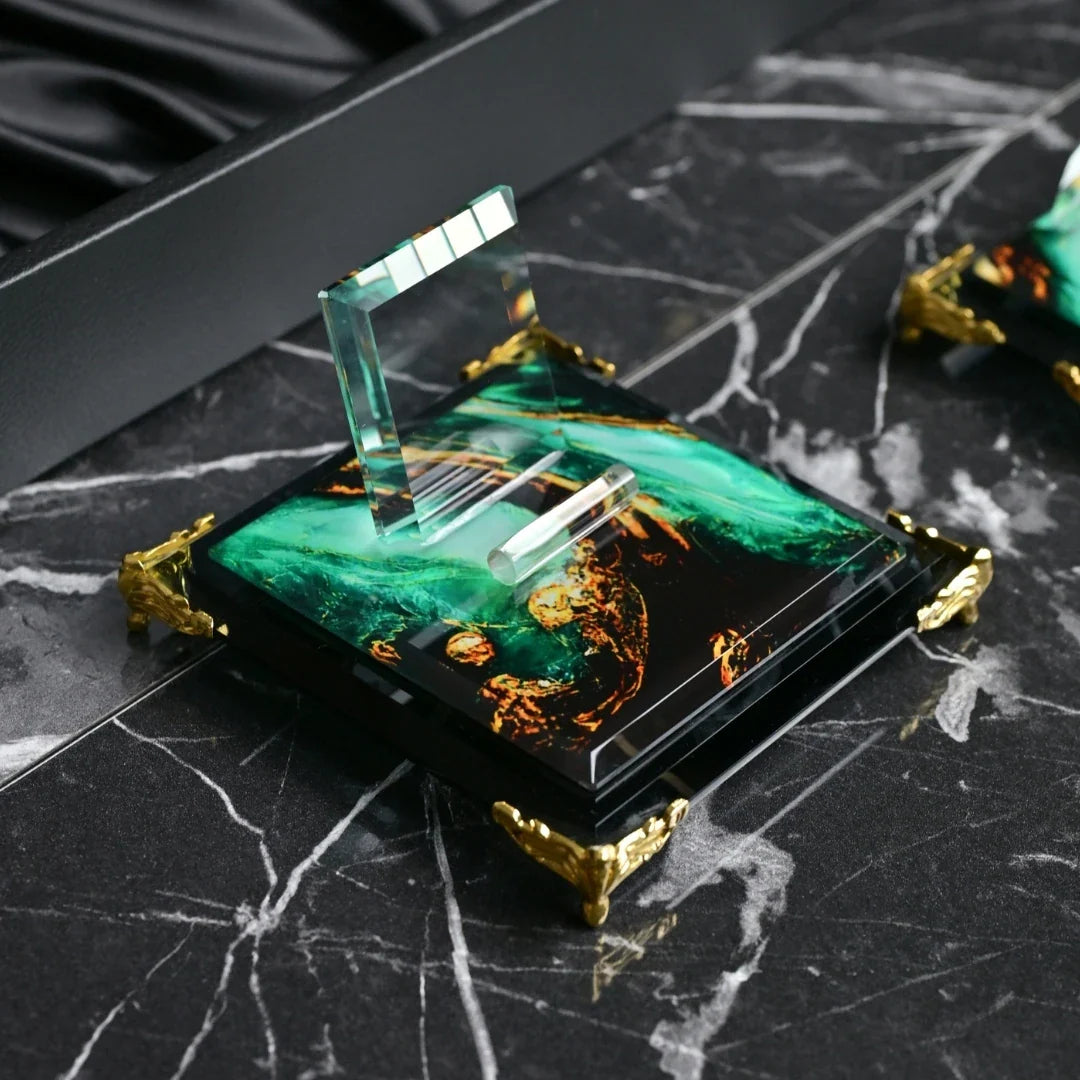 Emerald | Gift-Boxed 6-Piece Crystal Executive Desk Set with Personalized Nameplate – Green & Gold