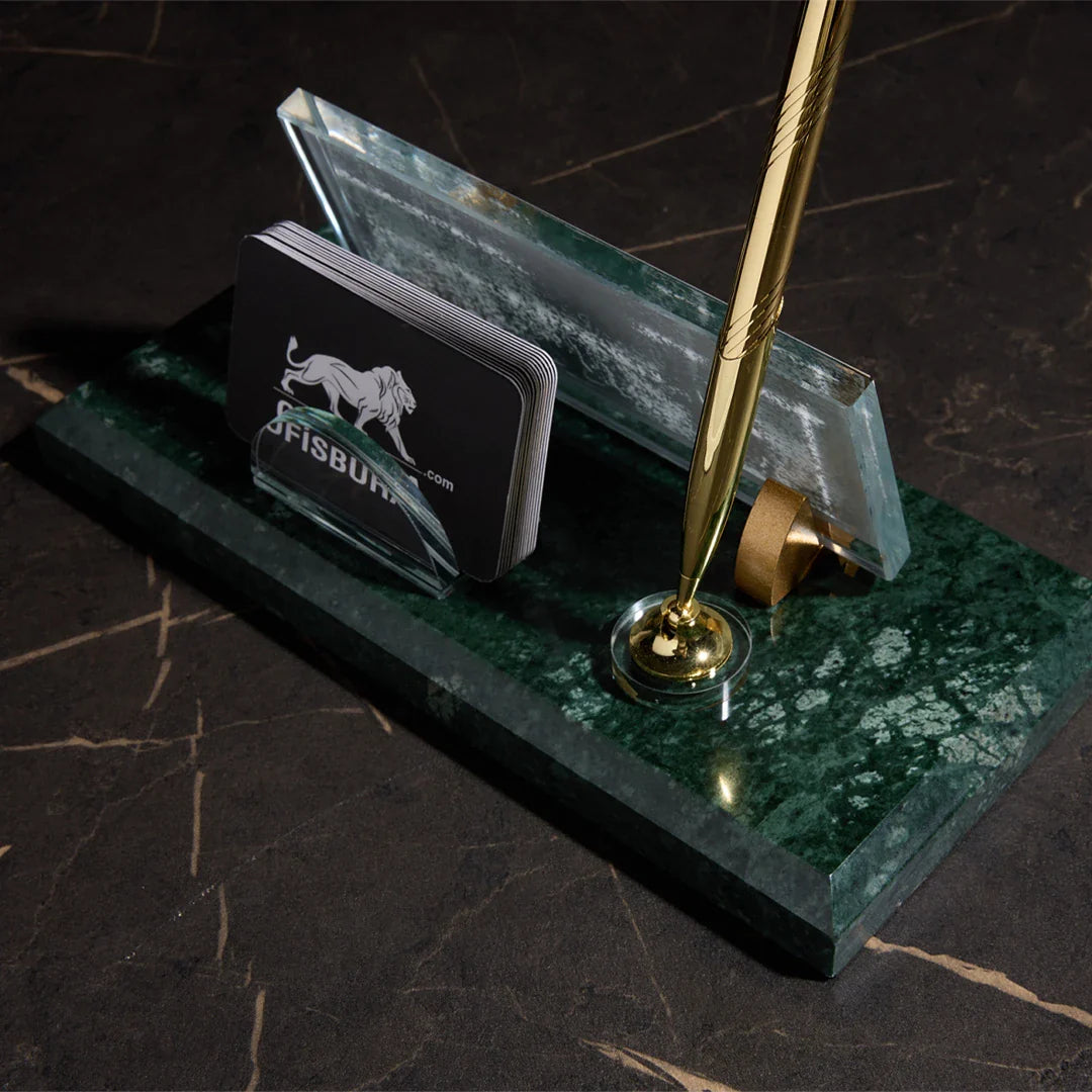 Emerald Green Marble Desk Nameplate with Gold Pen Holder – Personalized