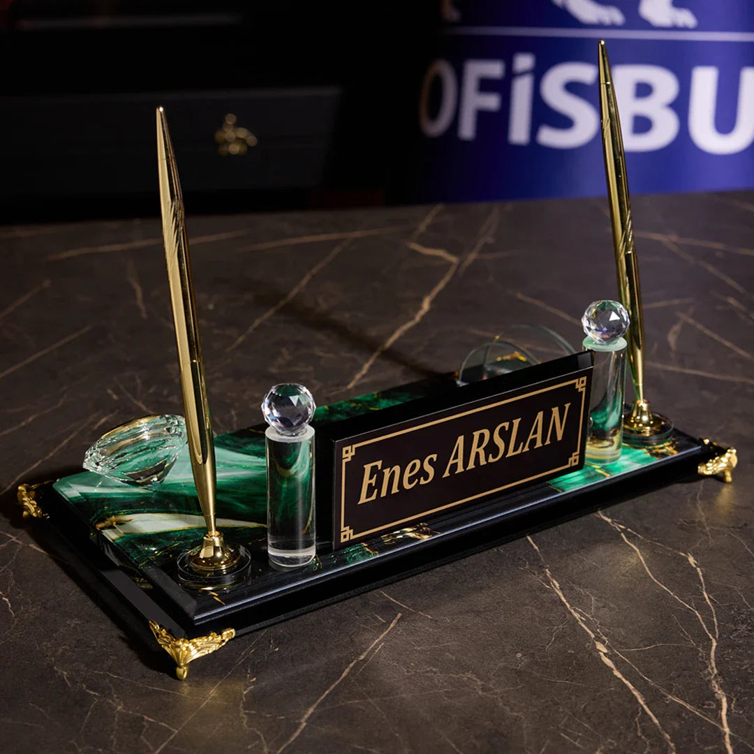 Emerald Green Crystal Desk Nameplate Set with Clock & Dual Pen Holder – Personalized