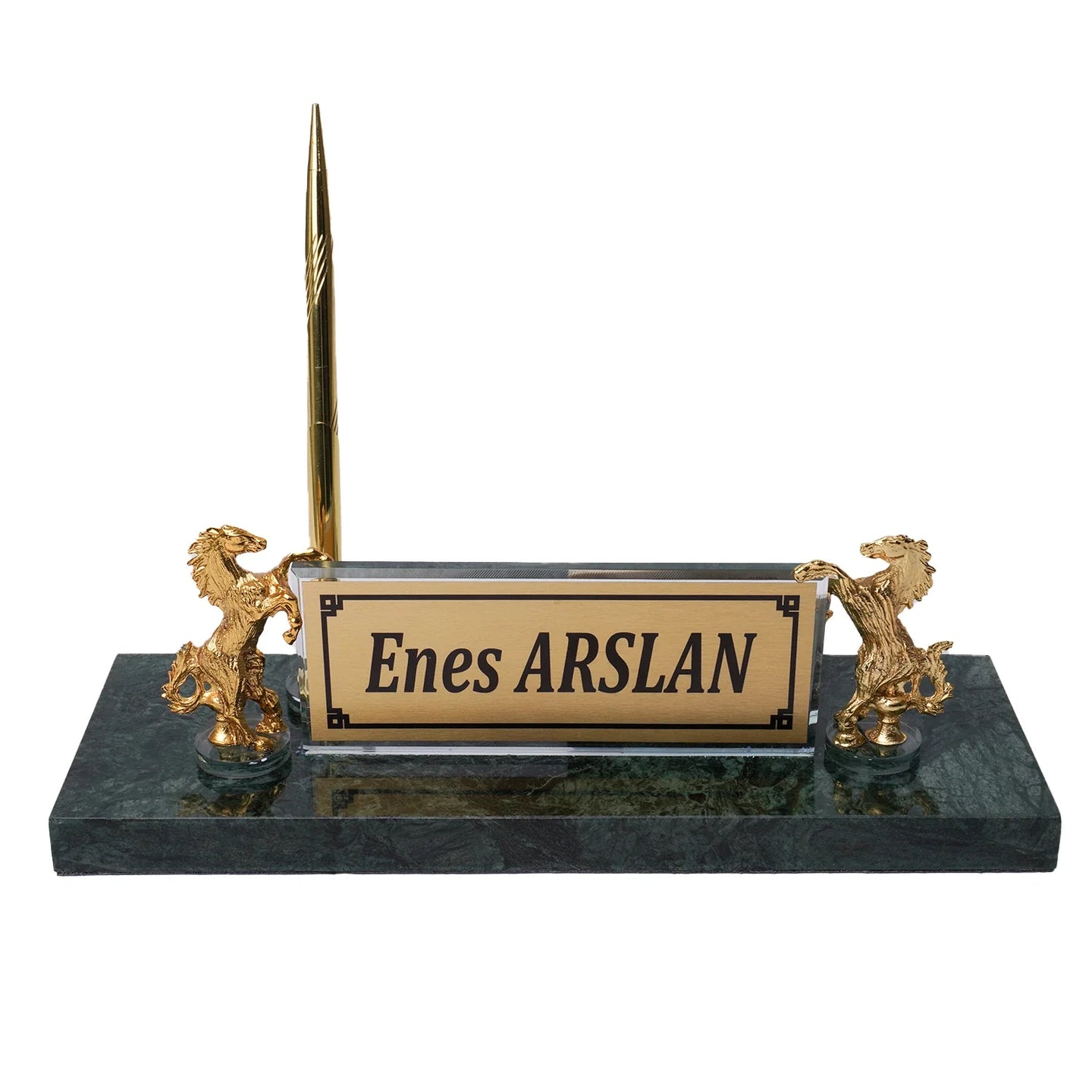 Rearing Horse Emerald Green Marble Desk Nameplate Set with Gold Horse Figures & Pen Holder – Personalized