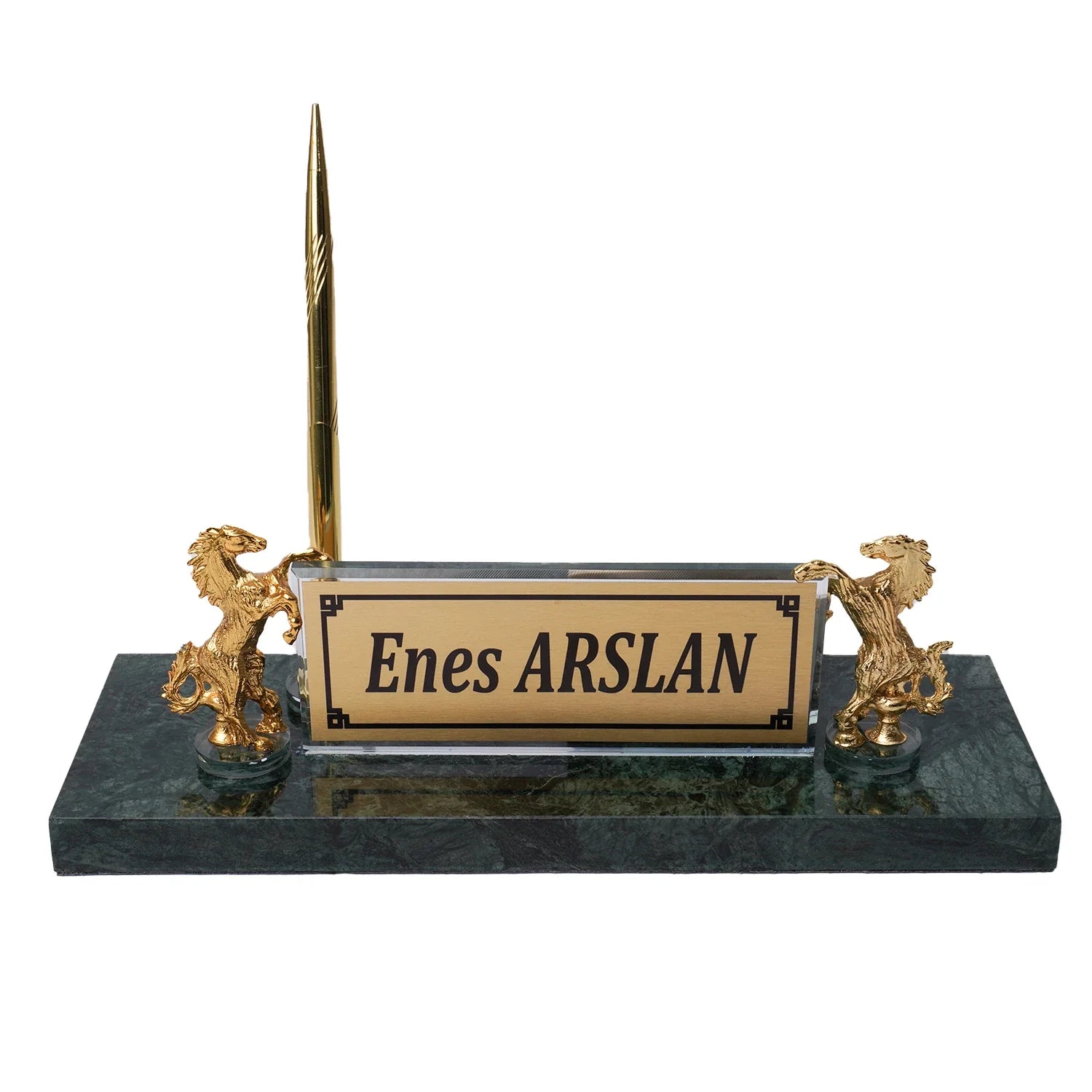 Rearing Horse Emerald Green Marble Desk Nameplate Set with Gold Horse Figures & Pen Holder – Personalized