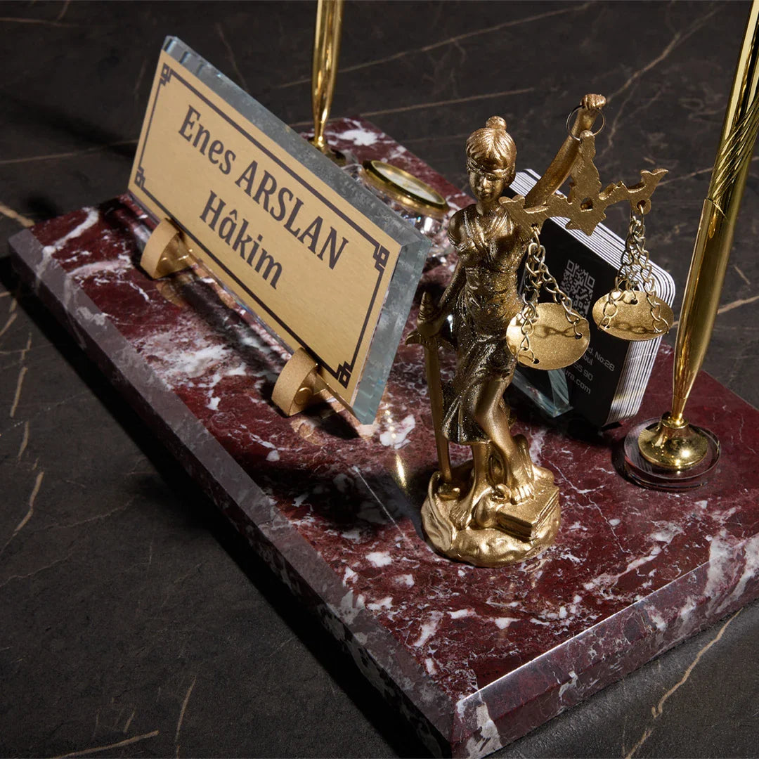 Marble Desk Nameplate with Scales of Justice – Burgundy