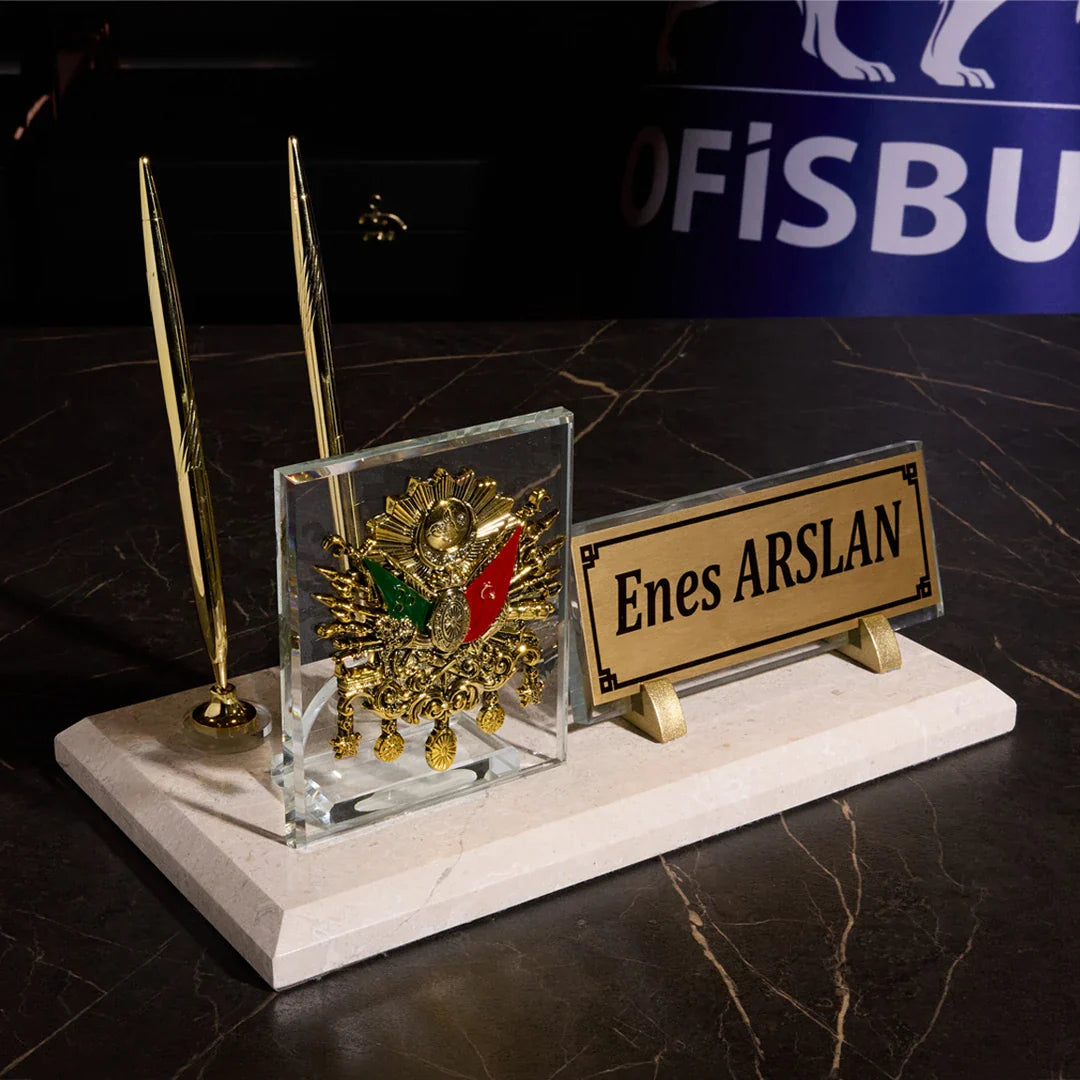 Ottoman Crest Marble Desktop Nameplate Set – Personalized, with Dual Pen Holder, Cream