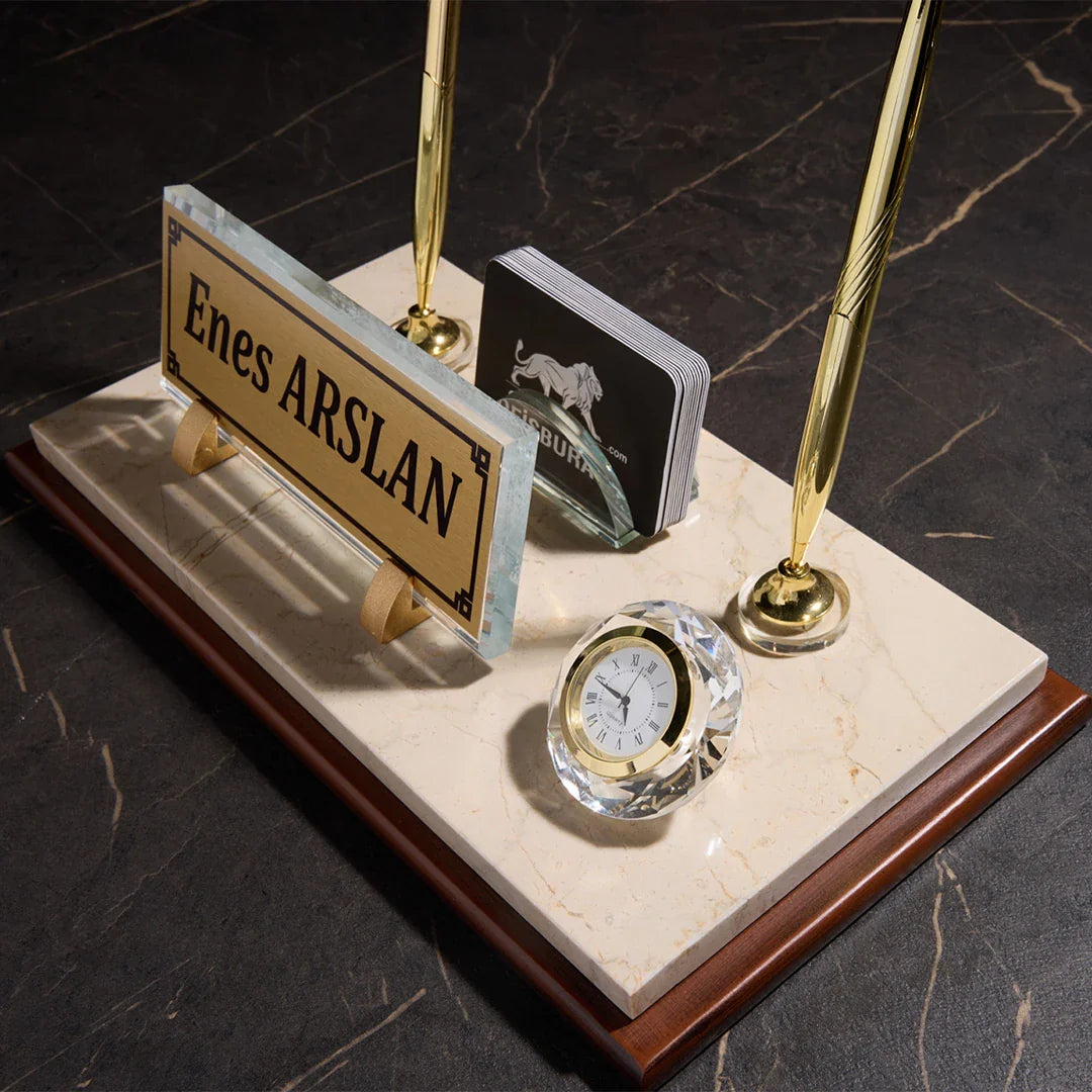 Signature Wood & Marble Desktop Nameplate Set with Clock & Dual Pen Holder – Personalized, Cream
